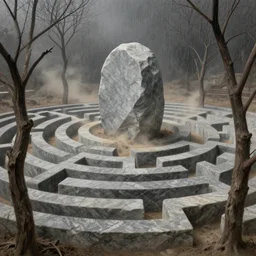 colonial maze of dry trees around a large grey marble stone, raining ash, stoic, light dust, magnificent, hyperdetailed, theatrical, close up, masterpiece, painted by jean honore fragonard and greg rutkowski and rob alexander