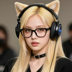realistic beautiful gorgeous natural cute Blackpink Lalisa Manoban blonde hair cute fur blonde cat ears, wearing headphones. wearing black leather choker, wearing glack glasses, in sweaters outfit golden eyes artwork drawn full HD 4K highest quality in artstyle by professional artists WLOP, Taejune Kim, Guweiz, ArtGerm on Artstation Pixiv