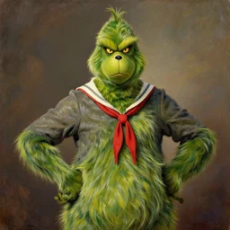 the grinch posing for a portrait dressed in sailor's clothing, 1 5 0 0 s oil painting