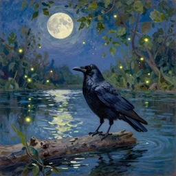 a large black raven, standing on a floating log in the middle of a moonlit river, leafy foliage on the river banks, at night, with fireflies floating about, in impressionist style by claude monet as an oil panting, award winning trending on artstation