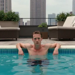 patrick bateman chilling in a swimming pool on the terrace of empire state building, in american psycho ( 1 9 9 9 )