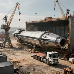 large construction vehicle constructing a spaceship in a drydock, industrial, bulky, construction yard, dockyard, cranes, shipping, sci fi, photorealistic