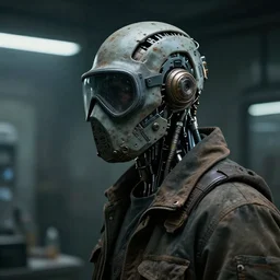 a half - masked rugged laboratory engineer with cybernetic enhancements as seen from a distance, scifi character portrait by greg rutkowski, esuthio, craig mullins, 1 / 4 headshot, cinematic lighting, dystopian scifi gear, gloomy, profile picture, mechanical, cyborg, half robot, implants, dieselpunk