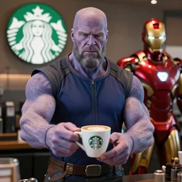 thanos working at starbucks serving a latte to iron man, ultra realistic, 8 k, cinematic