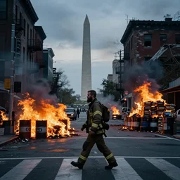 bearded man crossing streets of destroyed washington dc city, evening, blackout, fire in barrels, food storage, hyperdetailed, artstation, cgsociety, 8 k