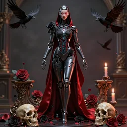 full-body cyberpunk style sculpture of a young beautiful dark priestess, half android with a head opening exposing circuitry, glowing red eyes, black roses,  flowing blood red colored silk, fabric, candles. baroque elements, human skull. full length view. baroque element. intricate artwork by caravaggio. crows flying in  background. Trending on artstation, octane render, cinematic lighting from the right, hyper realism, octane render, 8k, depth of field, 3D