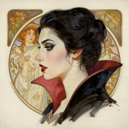 side profile face portrait painting of female vampire queen character illustration by greg rutkowski, thomas kindkade, alphonse mucha, loish, norman rockwell. Trending on artstation