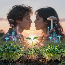 double exposure of dally life, symbols of live, explosion, different sprouts and microgreens on mushrooms, cyber mushroom city, mushroom matrix, love is the most relevant theme, 8 k resolution, artistic mode, artistic, trending on instagram, long exposure, love art, serious, fantasy and dreams vibes, mushrooms style and macro style, spring vibes in twilight or sunset lights