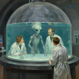 scientists inspecting an alien in a water tank in a dome - shaped control center, grant wood, pj crook, edward hopper, oil on canvas