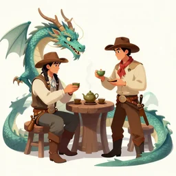 Tea ceremony between a Western cowboy and a dragon, fantasy concept art by Mark Winters, trending on ArtStation