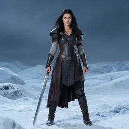xena warrior princes, standing in a frozen landscape holding a sword, tv series, studio lighting