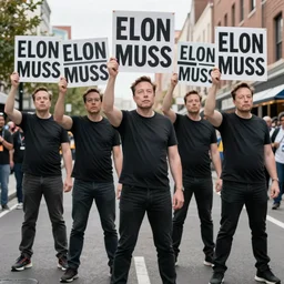 five clones of elon musk protesting in the street, eye level photo. 4k