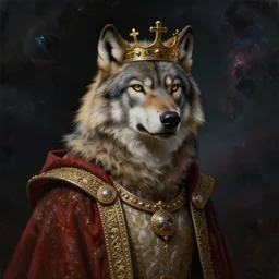 “an oil painting portrait of a wolf wearing medieval royal robe and an ornate crown on a dark nebula background” digital Art, concept Art, highly detailed, 3-D 4K, trending on art station, Award winning, Mark Brooks,