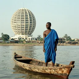 movie still by djibril diop mambety of a man in blue drapery in a flesh barque on a river next to a spherical high - rise, leica sl 2 5 0 mm, heavy grain, high quality, high detail