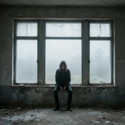 detailed photograph person sitting in front of bay windows concrete sterile abandoned spooky misty ominous well defined