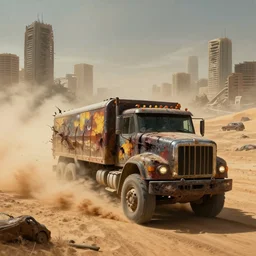 a vicious zombie truck moving at high speed and making dust clouds while driving in a extremely detailed desert wasteland with destroyed skyscrapers and vehicles in the hazed background in the style of mad max and blade runner. painted by james chadderton. surrealism composition perspective drawing high resolution detail.