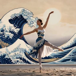 a ballet dancing Sofía Vergara as a heroine with a dress inspired by the great wave off kanagawa on the beach at sunrise, digital painting, artstation, concept art, smooth, sharp focus, illustration, in-frame, centered, art by artgerm and donato giancola and Joseph Christian Leyendecker, Ross Tran, WLOP