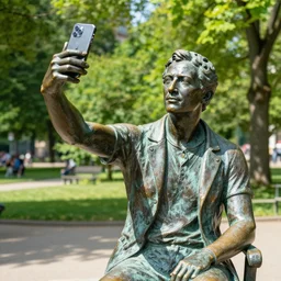 photo still of a bronze statue of a person using an iphone to take a selfie, park on a bright sunny day, 8 k 8 5 mm f 1 6 1 0 0 2