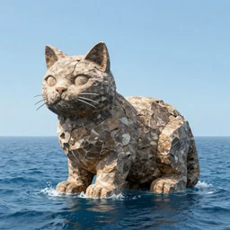 a giant rock in the shape of a cat, the rock is in the sea, 3 d render, wide angle shot, unreal engine