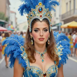 a beautiful realistic painting of adriana chechik in the 1 9 8 0 s carnival in the city of salvador, brazil, intricate, elegant, highly detailed, digital painting, artstation, concept art, by krenz cushart and artem demura and alphonse mucha