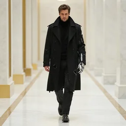 man wearing black cyberpunk coat tattered. cybernetic hand polished metal long spindly fingers, walking down, white marble hallway gold trim. Scene from Bladerunner 2049 (2017) Artstation trending 720p.