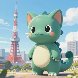 a Kaiju kitten, Tokyo tower is in the background, digital art
