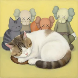 illustration of a cat sleeping with more cats by shusei nagaoka kaws, david rudnick, airbrush on canvas, pastell colors, cell shaded