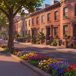 brownstone residential landscape lined up in a straight line like the background of pixar animation, a two - lane road, flowers in a flower bed, a big tree by the side of the road, and a warm and comfortable atmosphere, perspective view, 3 d animation background