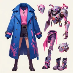 game asset of coat and trendy clothing influenced by warframe, infused by zerg hydralisk, in gouache detailed paintings, props, stylized, 2 d sprites, kitbash, arcane, overwatch, blue and pink color scheme, 8 k