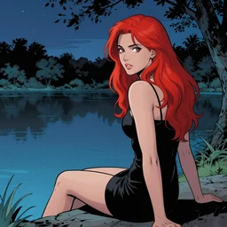a beautiful comic book illustration of a woman with long red hair sitting near a lake at night by daniele afferni, featured on artstation