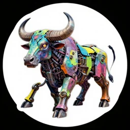 round sticker art of a multicolored realistic mechanical taurus, 8 k, fluorescent colors, insanely integrate