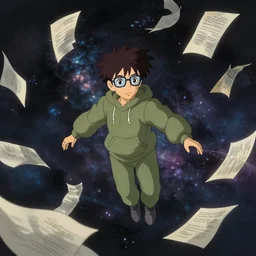 a black haired teen! with glasses and a olive colored hoodie floating in the middle of the cosmos with papers floating around him by studio ghibli!, full body!!, dark lighting