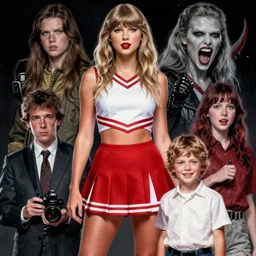 twin peaks movie poster art of taylor swift as the cheerleader turned evil femme fatal standing next to young boy, horror, highly detailed, smooth, illustration, artgerm, leyendecker, wlop by katherine lam, michael whelan and tomer hanuka, makoto shinkai and thomas kinkade, matte painting, trending on artstation and unreal engine