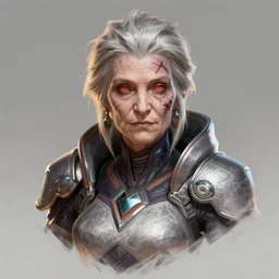 overwatch concept art character portrait of a new character who is an elderly pale woman with a scarred face, trending on artstation, cgsociety,