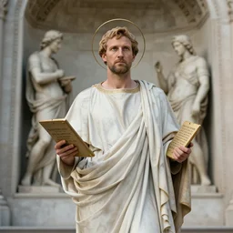 gabe newell in a tunic and with a halo over his head is standing in front of the gates of paradise, holding a tablet with commandments, soft light, realism, maximum detail, high quality, good study of style, depth of field, focus, a picture of classicism