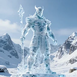 photography of a hyper realistic crystal clear ice statue of un unknow viking warrior god. stuning, intricate, complexe. snowy mountains dream landscape. professional digital art, unreal engine 5