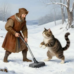 a cat fighting a vacuum in winter, medieval painting