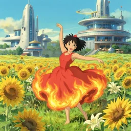 beautiful young girl dancing in a fiery dress in a beautiful field of sunflowers and lilies, against the backdrop of futuristic buildings, classroom, in the style of studio ghibli, j. c. leyendecker, greg rutkowski, artgerm