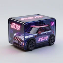 full shot of a box - shaped sci - fi flying vehicle made from dark glass and plastic surfaces with neon kanji decals in the style of bladerunner 2 0 4 9, mini cooper s, side lights, studio lighting, octane render, light background