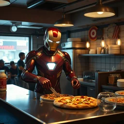 film still from new avengers movie ironman working in a pizza parlor making pizza, 4 k