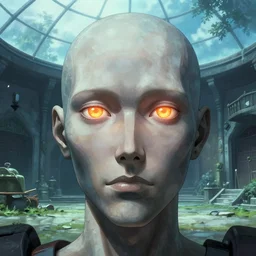 detailed face of a synthetic sentient super - intelligent humanoid with eyes warming up, rammed earth courtyard, cool skydome, fresh atmosphere, ambient, rick guidice, syd mead, hajime sorayama