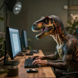 a dinosaur using a computer