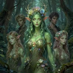 forest fae with green skin ; by james jean, charlie bowater, tom bagshaw, nikolay makovsky, melanie delon : : enchanting, ethereal, magical, glowing, sparkle, iridescent, flowerpunk, portrait, character design, illustration, hyperrealism, photorealism, digital art, concept art, dark fantasy, weta, wlop, artstation