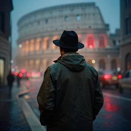 analog photograph of a man from the back wearing a raincoat and a hat in rome, fog at night by mark owen. red lights. bokeh. cinematic. hq. detailed. contrast. cinestill 8 0 0 t