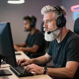 hipster with white beard and wearing a headset at a computer