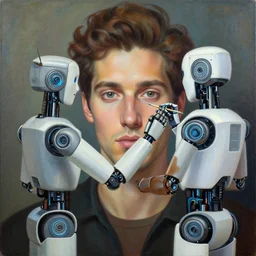 robot artist painting a self - portrait on a canvas. intricate, highly detailed, digital matte painting, in the style of alexandros pyromallis, and in the style of sachin teng, and in the style of hans thoma, and in the style of donato giancola. irony, recursion, inspiration.
