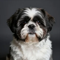 A photo of a shih tzu with short-lenght hair, black and white fur and brown eyes