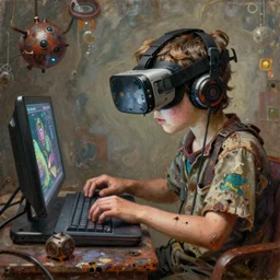 junky kid playing in gaming console, cybertronic gadgets and vr helmet, durty colours, rotten textures, rusty shapes, hard surface, biotechnology, bao phan, tim hildebrandt, wayne barlow, bruce pennington, donato giancola, larry elmore, oil on canvas, masterpiece, trending on artstation, featured on pixiv, cinematic composition, hyper - detailed, hd, hdr, 4 k, 8 k