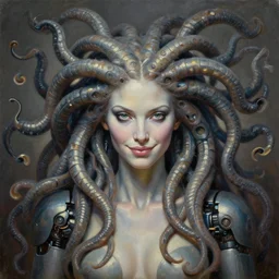 perfectly centered portrait, front view oil painting of a beautiful robot medusa, female, flowing hair, intense stare, sarcastic smile, symmetrical, concept art, intricate detail, volumetric shadows and lighting, realistic oil painting by tim hildebrandt,