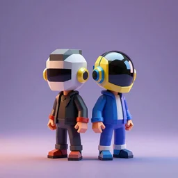 low poly 3D miniature daft punk kids standing back to back, illustration, artgerm, octane render, by John Coltrane and Marc Simonetti, inspired by Greg rutkowski, colorful, studio lighting, full body